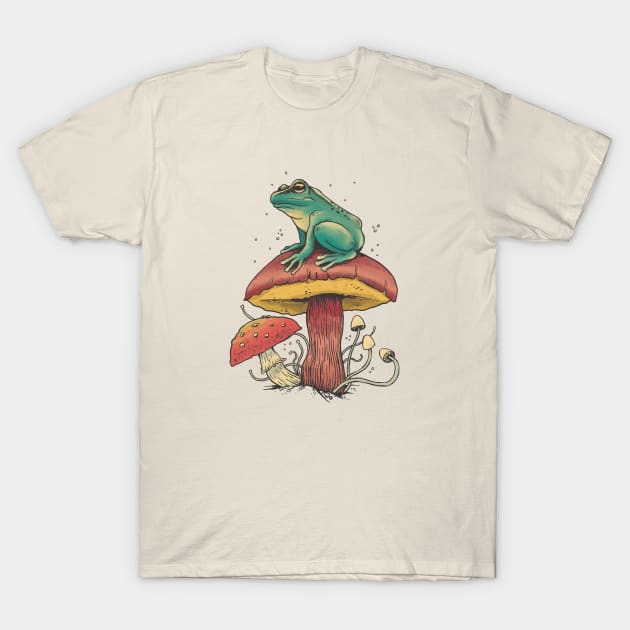 Frog sat on Mushroom Cottagecore Goblincore Forest T-Shirt by uncommontee